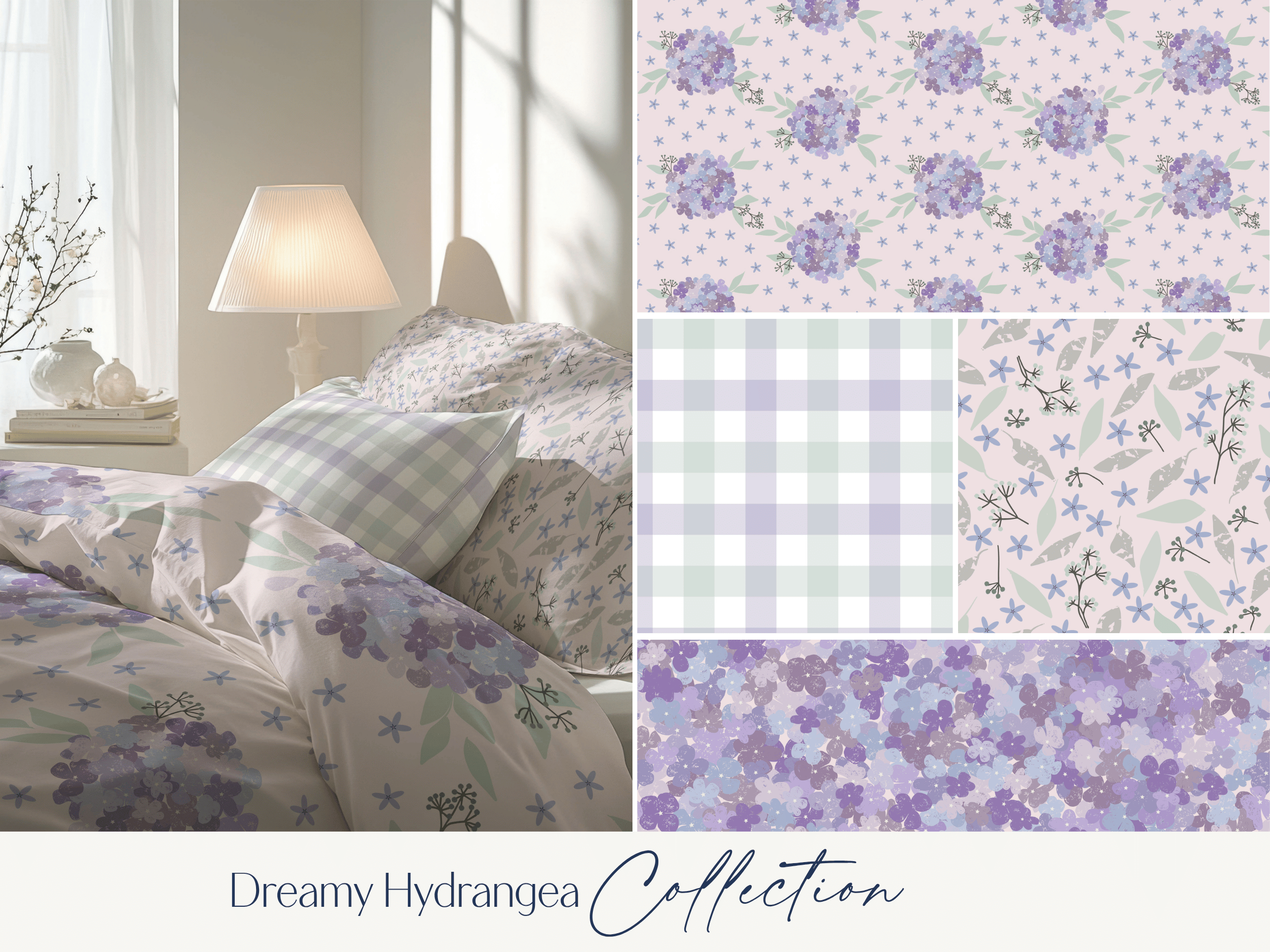 Image of bedding with hydrangea floral pattern and pastel plaid pillow on a bed with a white bedside table and a lamp, in a bright sunlit room with sheer curtains.