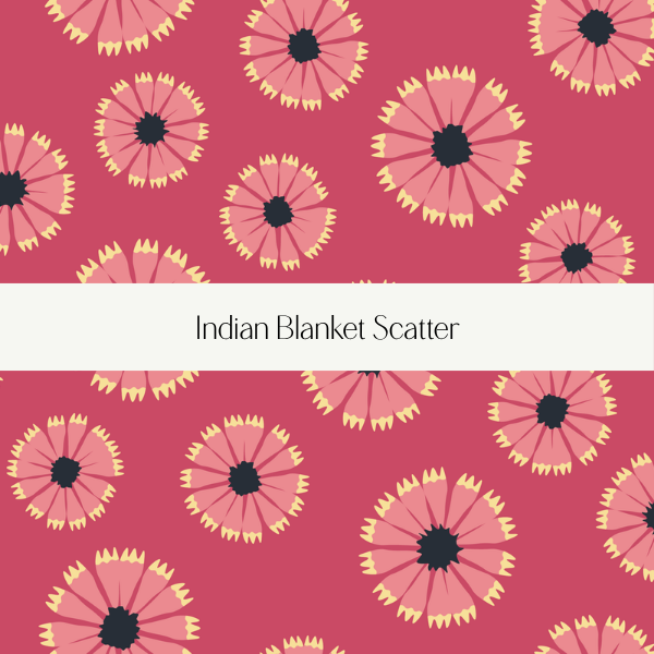 Pattern of pink and yellow flower-like designs on a dark pink background, labeled 'Indian Blanket Scatter'.