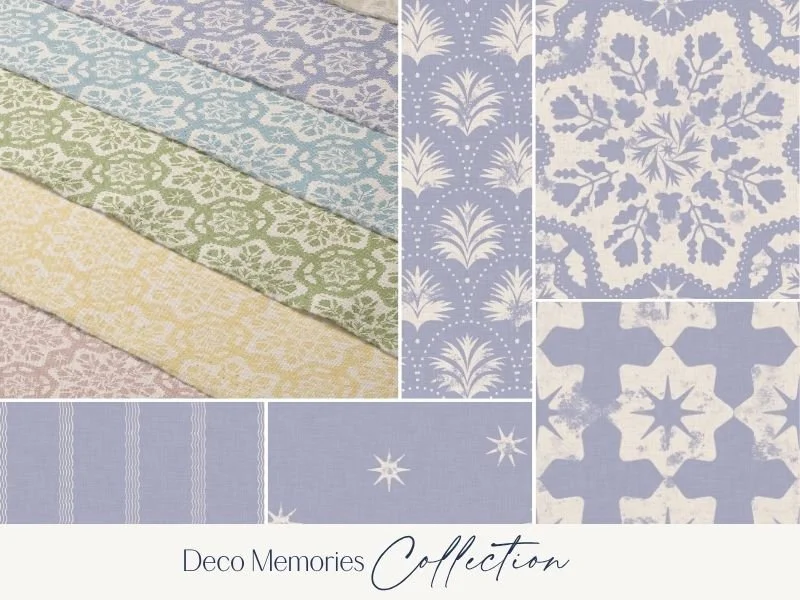 A collection of decorative patterned papers in pastel shades of blue, green, yellow, and purple, featuring floral, geometric, and star motifs.
