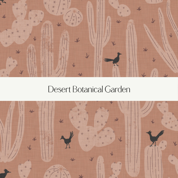 Pattern with cacti and birds over a pinkish background, labeled 'Desert Botanical Garden'.