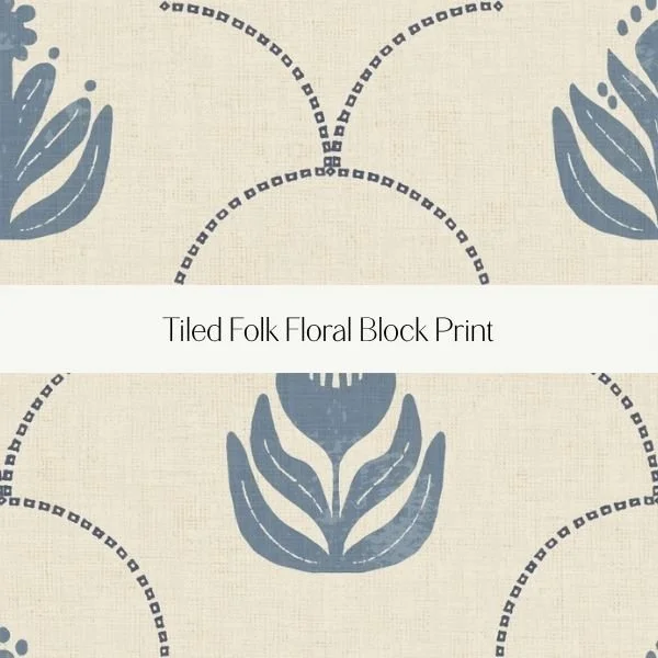 A textile pattern labeled 'Tiled Folk Floral Block Print' featuring stylized blue floral motifs arranged in a repeated pattern on a light background.