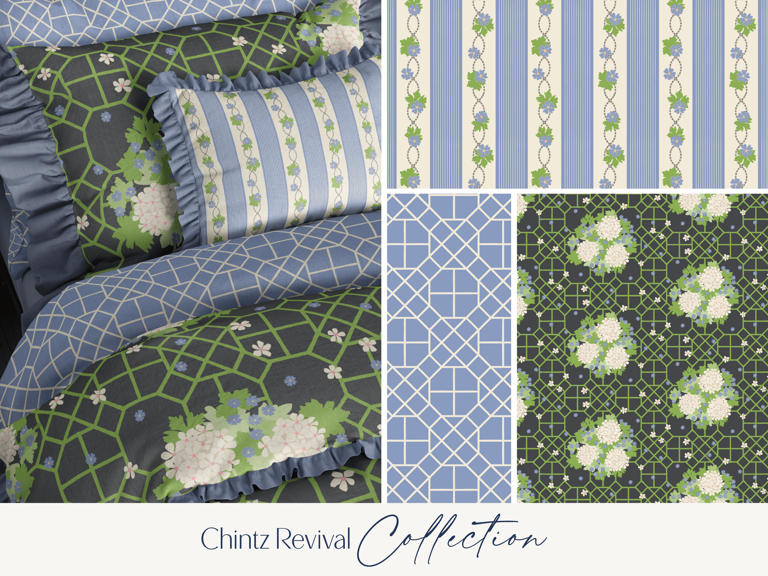 A collection of bedding patterns, including floral and geometric designs in blue, green, white, and black colors.