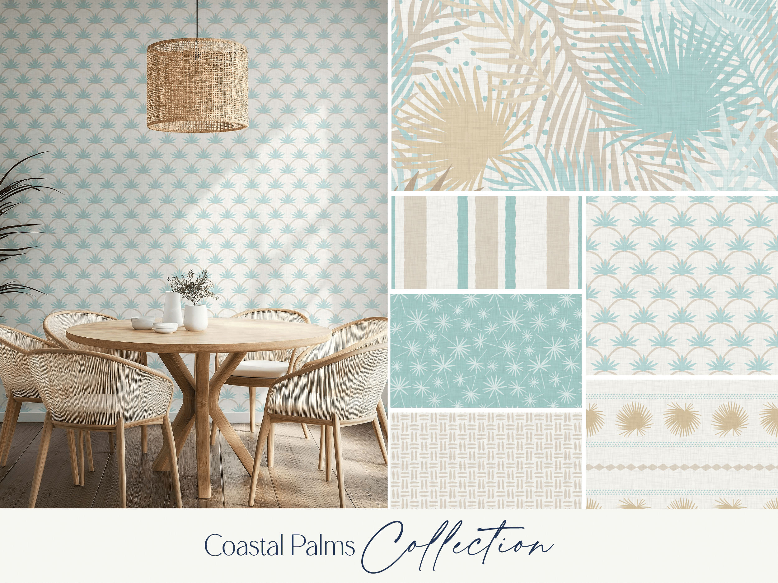 Display of various coastal and tropical patterned wallpapers in shades of beige, white, and blue displayed in a collage. The main background features a wallpaper with a repeating pattern of blue palm fronds on a beige background. Other sections showcase different tropical designs including large leaf patterns, striped designs, starburst motifs, and geometric shapes, all in a similar color palette.