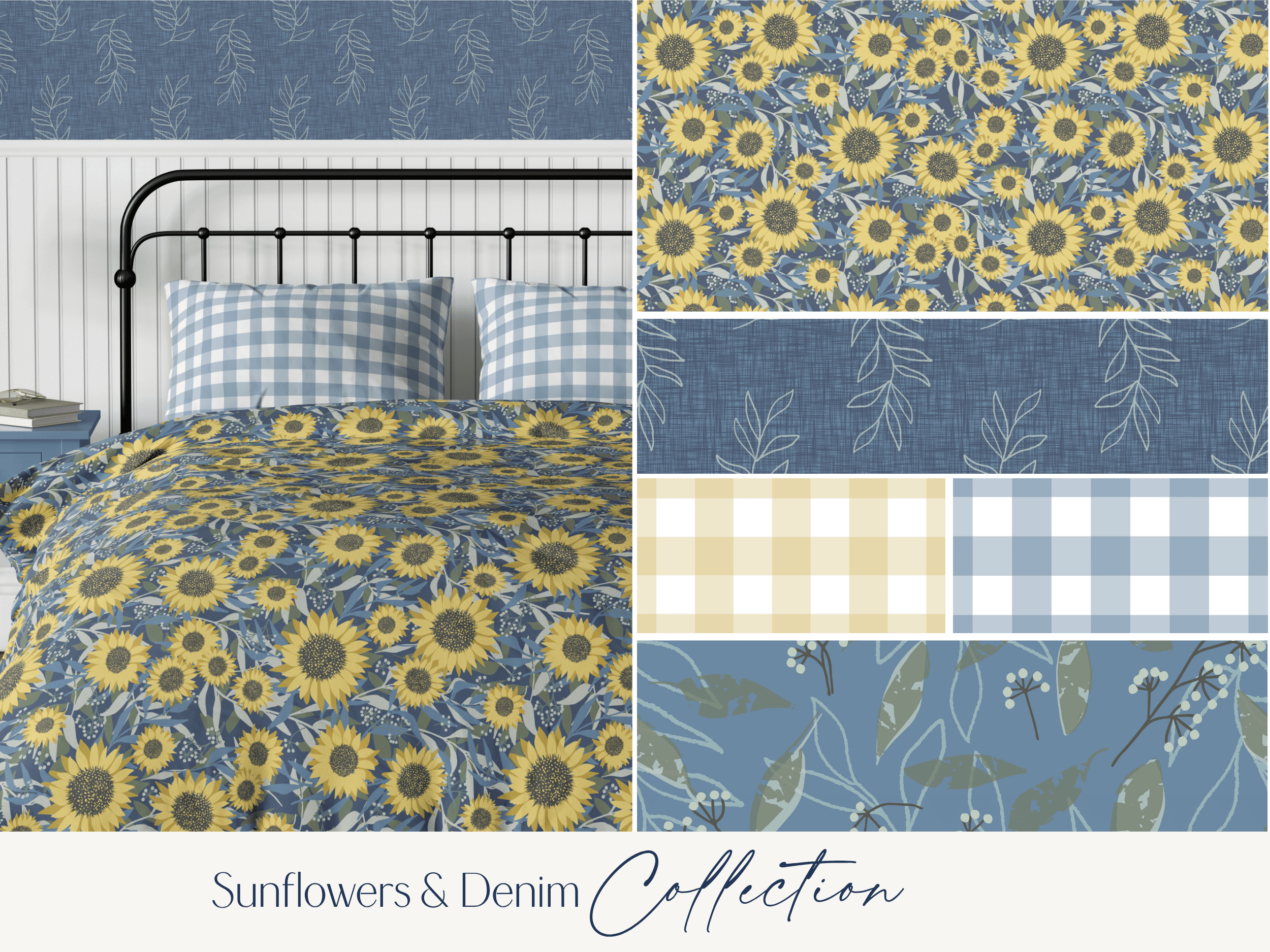 Collage of fabric patterns with sunflower and denim designs, including a bed with sunflower and denim bedding, fabric swatches of sunflower prints, blue denim, and beige plaid. Text at bottom reads 'Sunflowers & Denim Collection.'