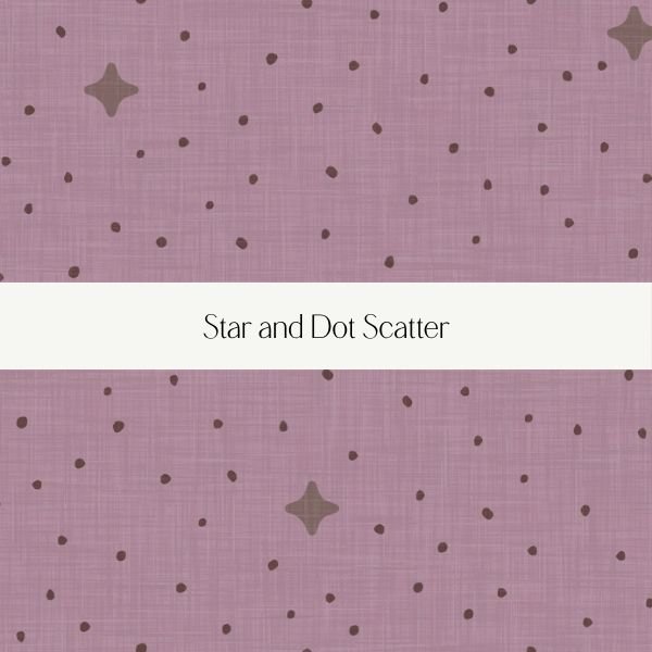 Pink background with scattered brown stars and dots, with a white band in the center that says "Star and Dot Scatter"