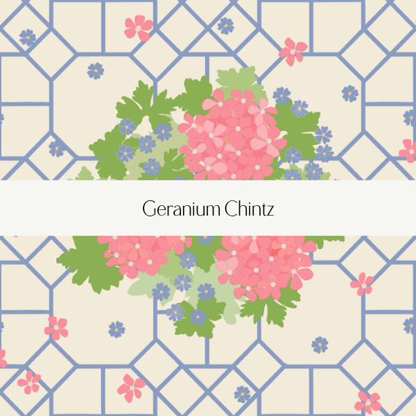 Illustration of pink and blue geranium flowers with green leaves against a patterned background featuring a lattice design.