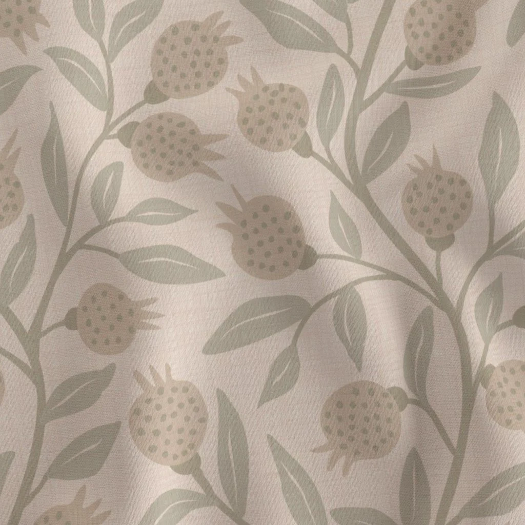 Fabric with a repeating pattern of stylized pomegranates and leaves in muted beige and sage green tones.