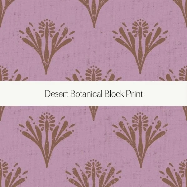 Pattern of brown desert botanical shapes on a purple background with a white band in the center reading 'Desert Botanical Block Print'.