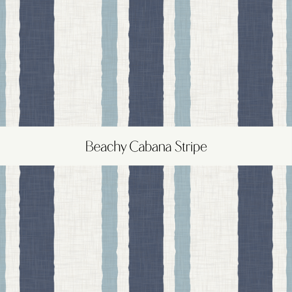 Close-up view of a fabric with vertical beachy cabana stripes in navy blue, light blue, and white.