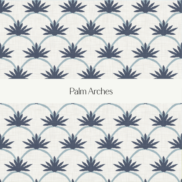 A fabric pattern titled 'Palm Arches' featuring navy blue stylized palm leaves arranged in a repeating pattern on a light background.
