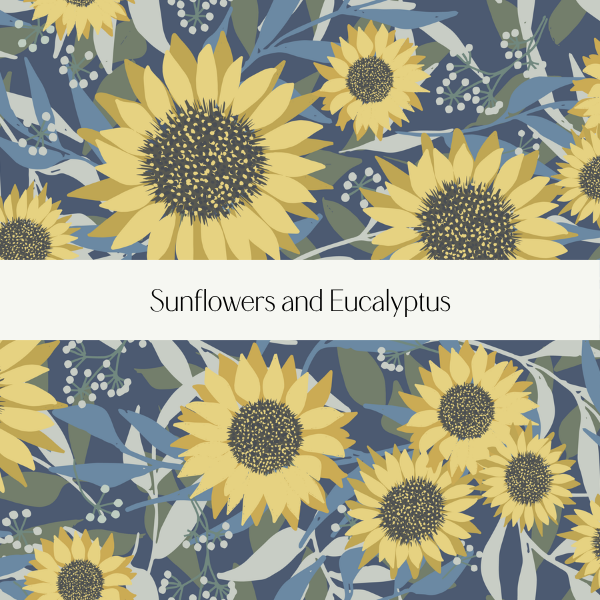 Illustration of yellow sunflowers and eucalyptus leaves.