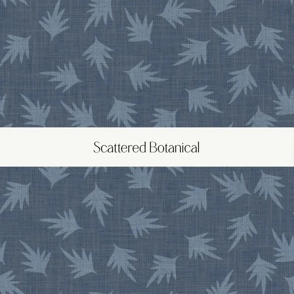Pattern of scattered blue botanical silhouettes on a textured background with a white banner reading 'Scattered Botanical'.