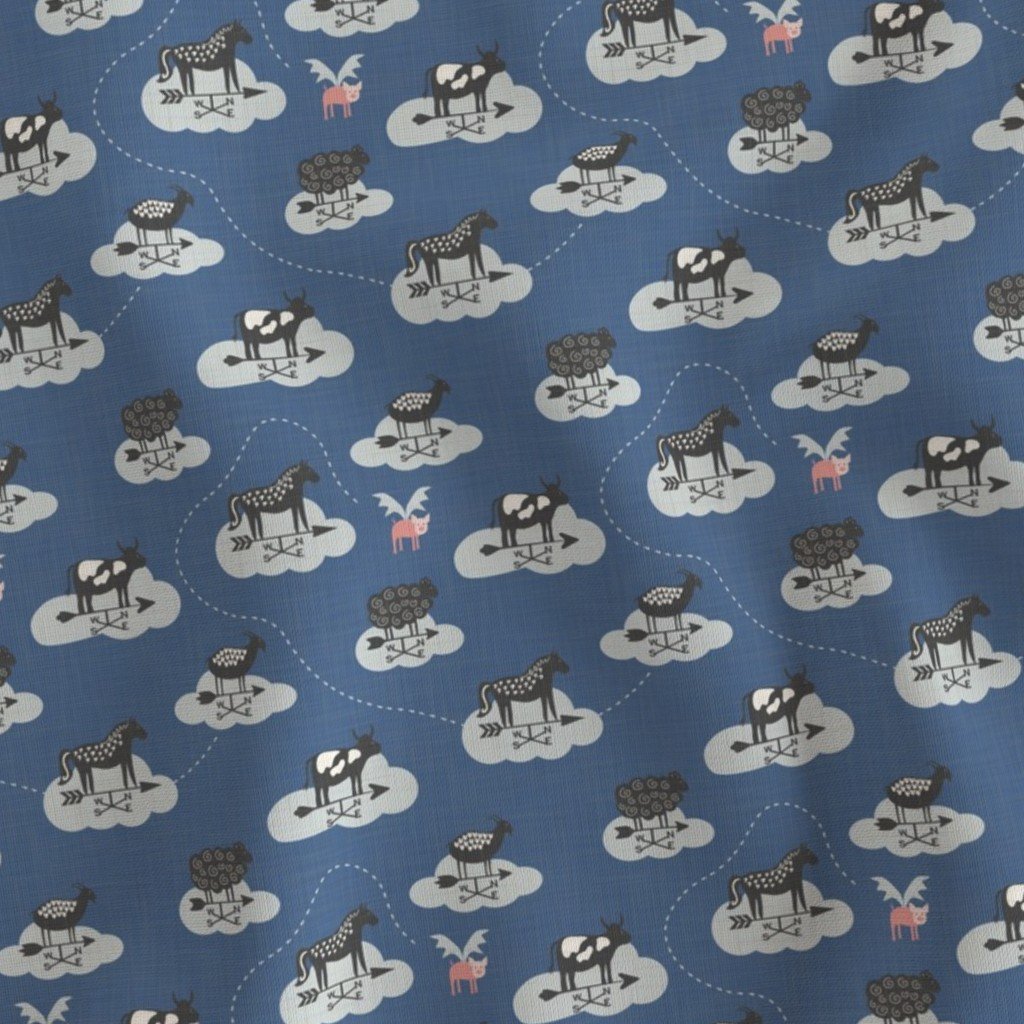 Pattern of weather vanes shaped like horses, cows, and sheep, each resting on a white cloud against a blue background with scattered small pink winged figures.