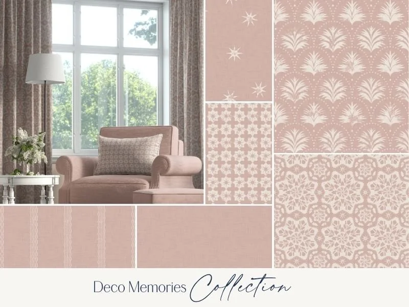 Living room with pink and white wallpaper, pink armchair with patterned pillow, white side table with flowers, large window with curtains, and natural light.