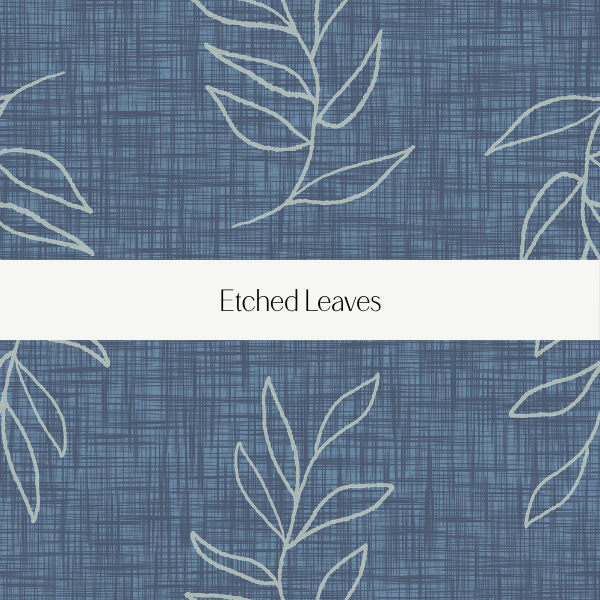Cover design featuring etched leaf patterns on textured blue background with a white band labeled 'Etched Leaves'