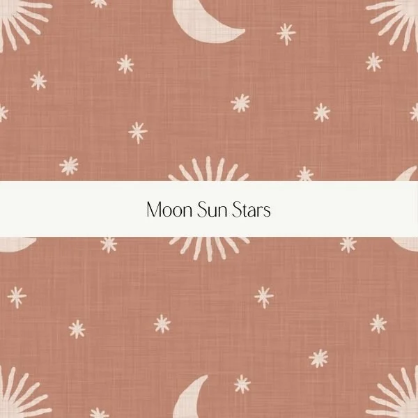 Pattern with moons, suns, and stars on a pink background with a white band in the center labeled 'Moon Sun Stars'.