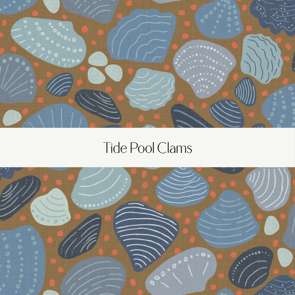 Pattern of tide pool clams in various shades of blue, gray, black, and white on a brown background with small red dots.