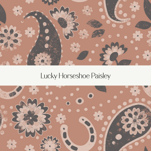 Pattern with flowers, horseshoes, and paisley designs on a peach background, titled 'Lucky Horseshoe Paisley'.