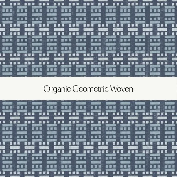 Book cover with a dark blue geometric woven pattern and a white band across the middle titled 'Organic Geometric Woven'.