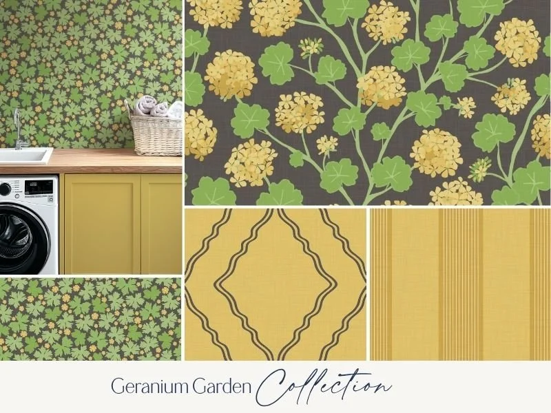 A collage of wallpaper patterns featuring green and yellow geranium flowers and leaves, with a laundry room scene showing a washing machine, yellow cabinets, and a laundry basket.