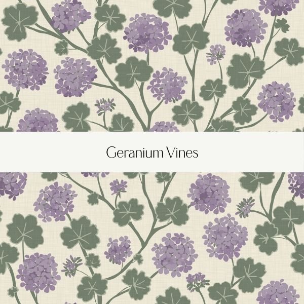 Pattern of purple geranium flowers and green leaves on a beige background with a white banner reading 'Geranium Vines'.