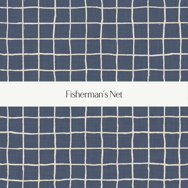 Close-up of blue fisherman’s net with white grid lines and a white label with the text 'Fisherman’s Net' in the center.