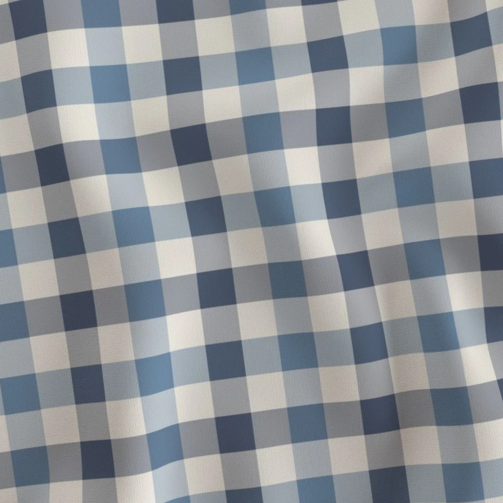 Two tone blue, denim and white gingham check pattern on fabric.