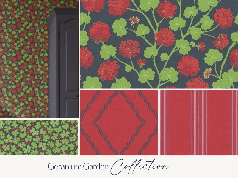 Collage of four patterns inspired by geranium gardens, including red geranium flowers on dark backgrounds and red, green, and striped botanical designs.