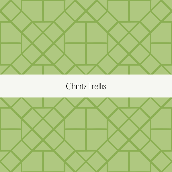 Book cover with a green geometric pattern and a white band in the center displaying the title 'Chintz Trellis'.