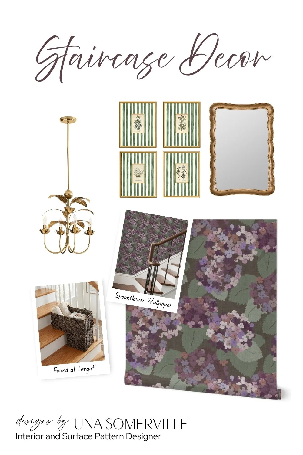 moody plum and green floral wallpaper styled in a staircase with white trim, black handrail, brass chandelier, green striped botanical art, gold framed mirror, and woven stair basket for a cozy traditional hallway look