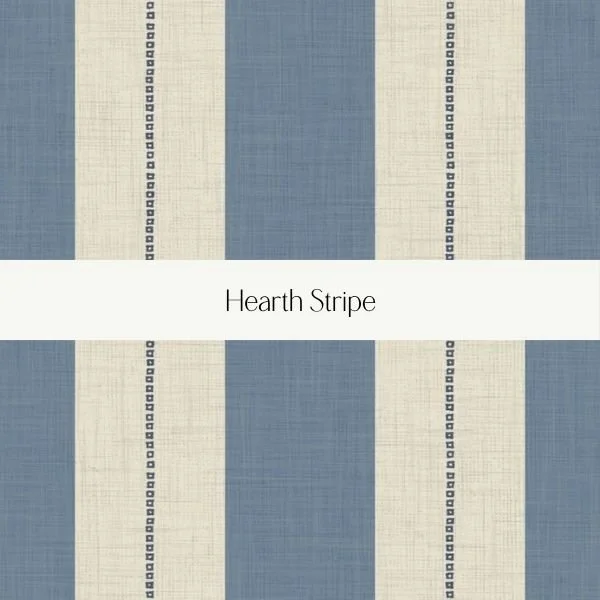 Fabric swatch with navy blue and cream stripes, labeled 'Hearth Stripe'.