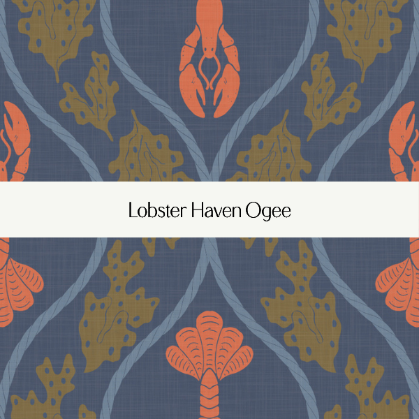 Decorative pattern featuring lobsters and seaweed on a blue background with a white band in the center that says 'Lobster Haven Ogee'.