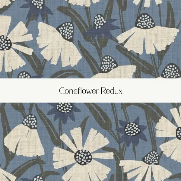 Pattern of white coneflowers with black centers and dark green leaves on a blue background, with the text "Coneflower Redux" in the center.