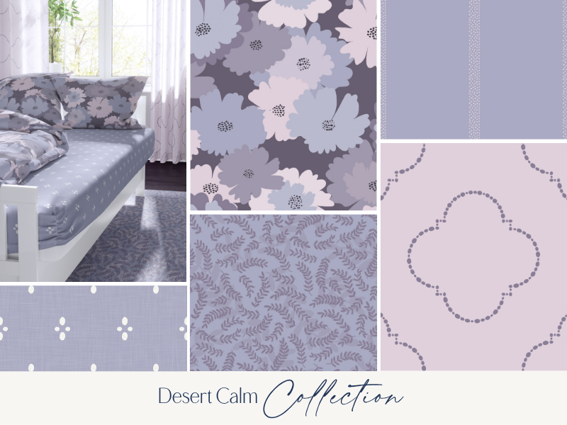 Decorative pillows and bedding with a purple floral pattern, shown on a bed near a window with sheer curtains, featuring a collage of various floral and geometric fabric designs from the Desert Calm Collection.