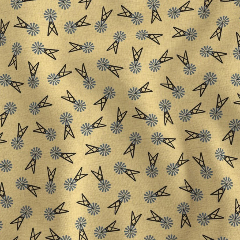 Beige linen-look fabric scattered with a vintage print of rustic farm windmills featuring black lattice towers and blue-gray wheel blades.