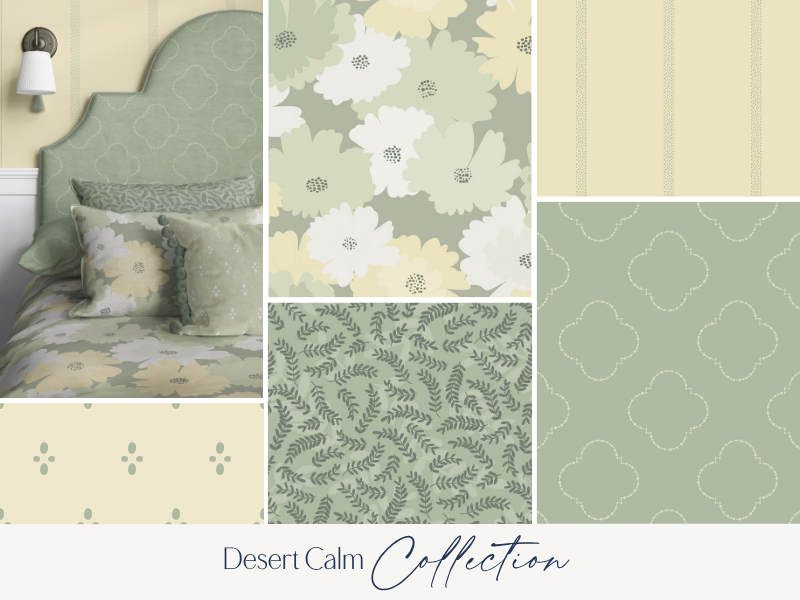 A bedroom scene featuring a green upholstered headboard, matching pillows, and a bedspread with floral and leaf patterns. The image also displays close-up of wallpaper and fabric designs with soft green, white, and beige colors, part of the Desert Calm collection.