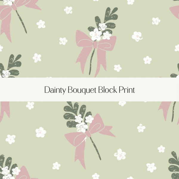 Pattern design with pink bows, white flowers, and dark leaves on a pale green background, labeled Dainty Bouquet Block Print.