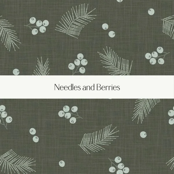 Pattern with pine branches and berries on a dark green background, titled 'Needles and Berries'