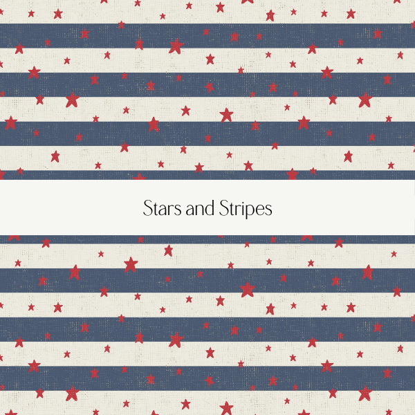 Pattern of red stars on blue and white horizontal stripes background with the text "Stars and Stripes" in the center.