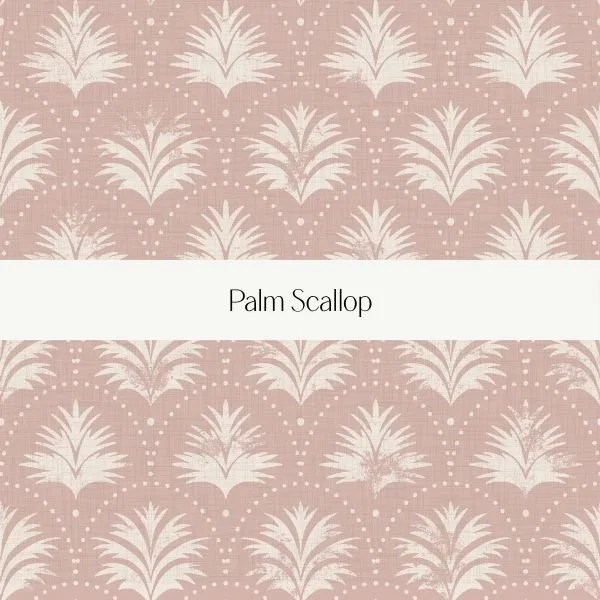 Pattern with stylized palm fronds and dotted accents in a repeating design.