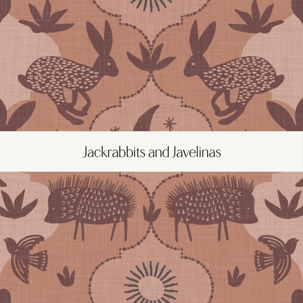 Cover of a book titled "Jackrabbits and Javelinas" with illustrations of jackrabbits, javelinas, and desert plants in earthy tones.