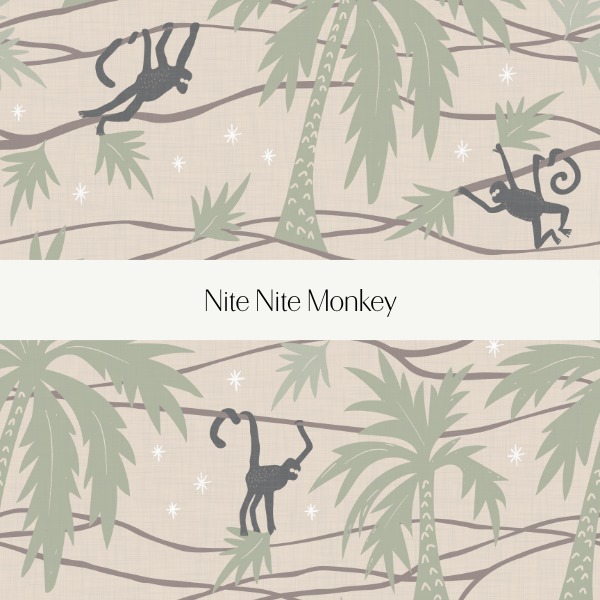 Illustration of three black monkeys hanging and climbing on jungle vines and trees with green leaves and stars, labeled 'Nite Nite Monkey'.