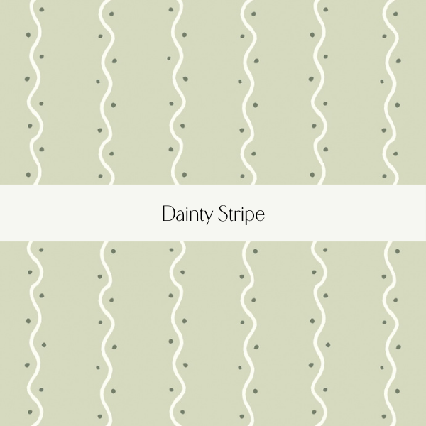 Pattern with wavy white stripes and small black dots on a light green background, labeled 'Dainty Stripe'.