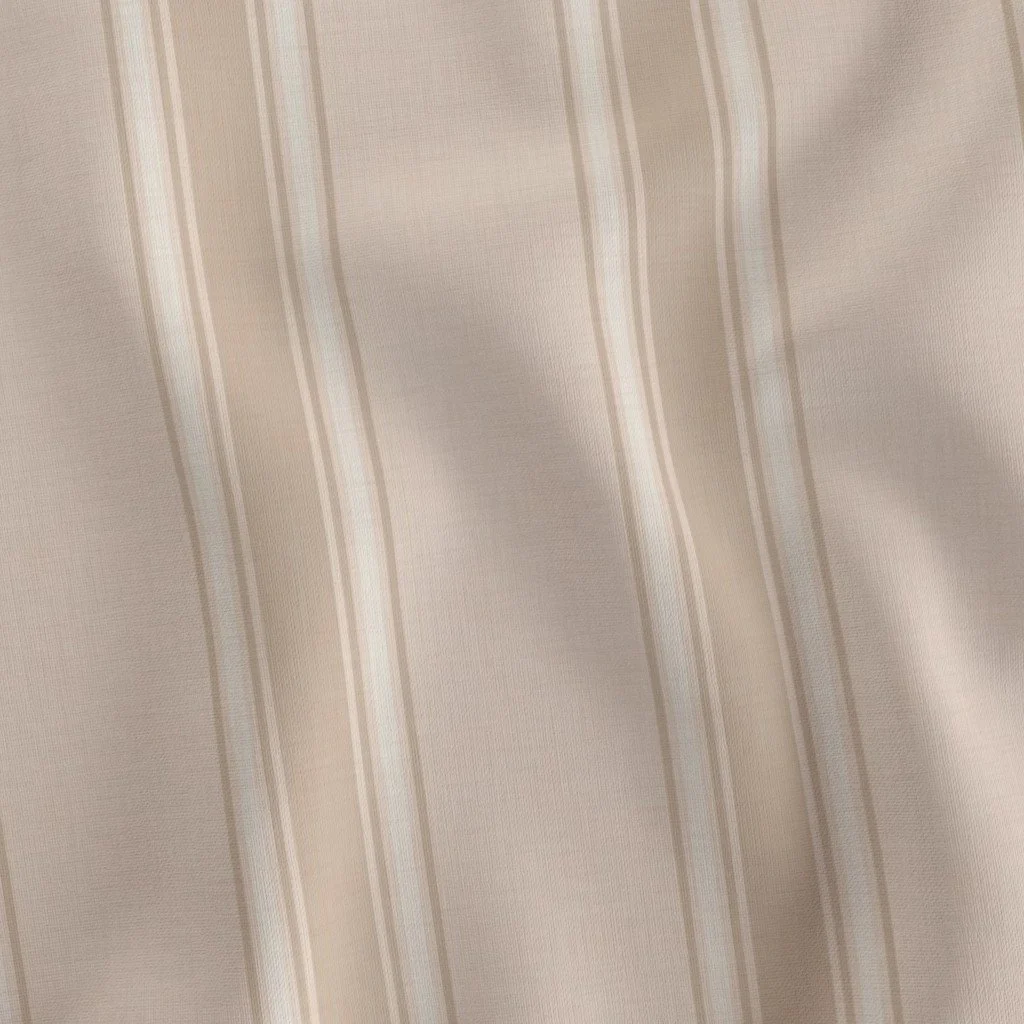 Fabric with a pattern of vertical beige and off-white stripes.