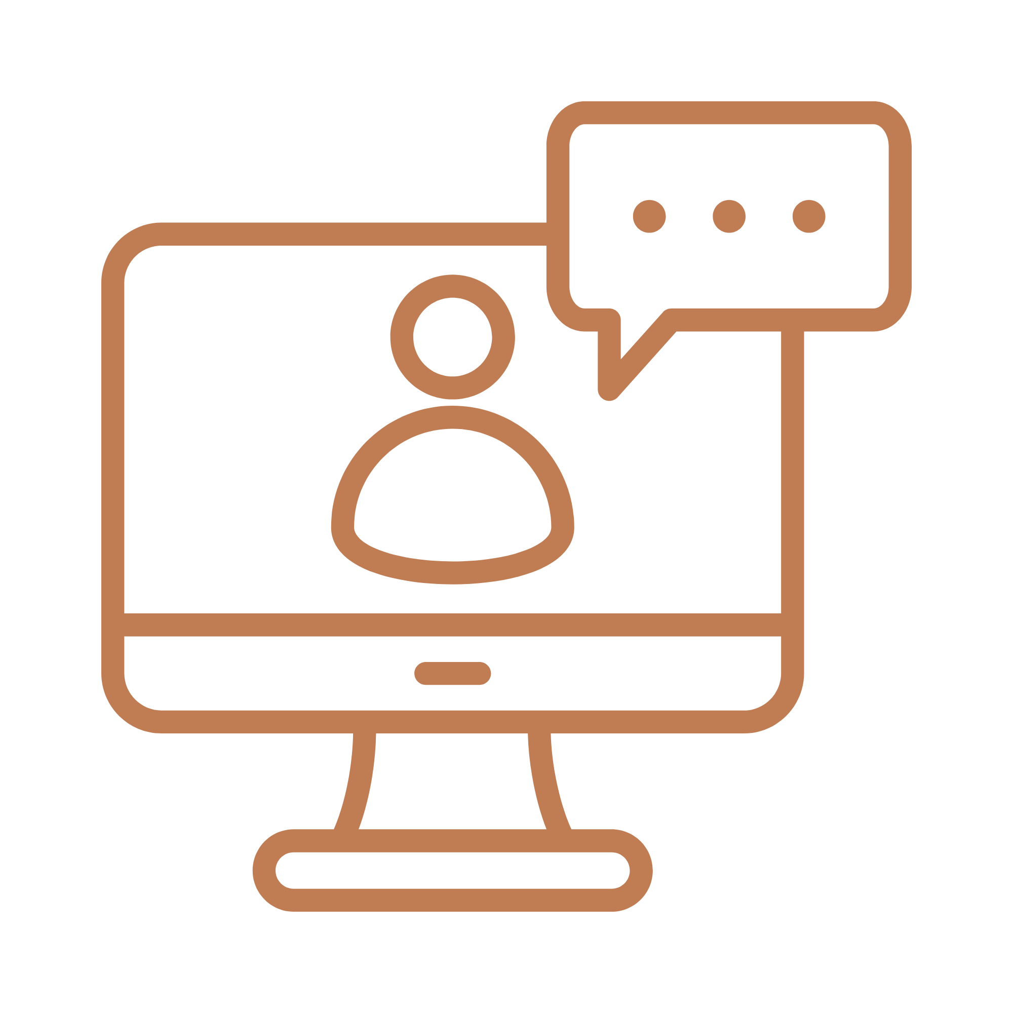 Outline of a computer monitor and a speech bubble with ellipsis inside.