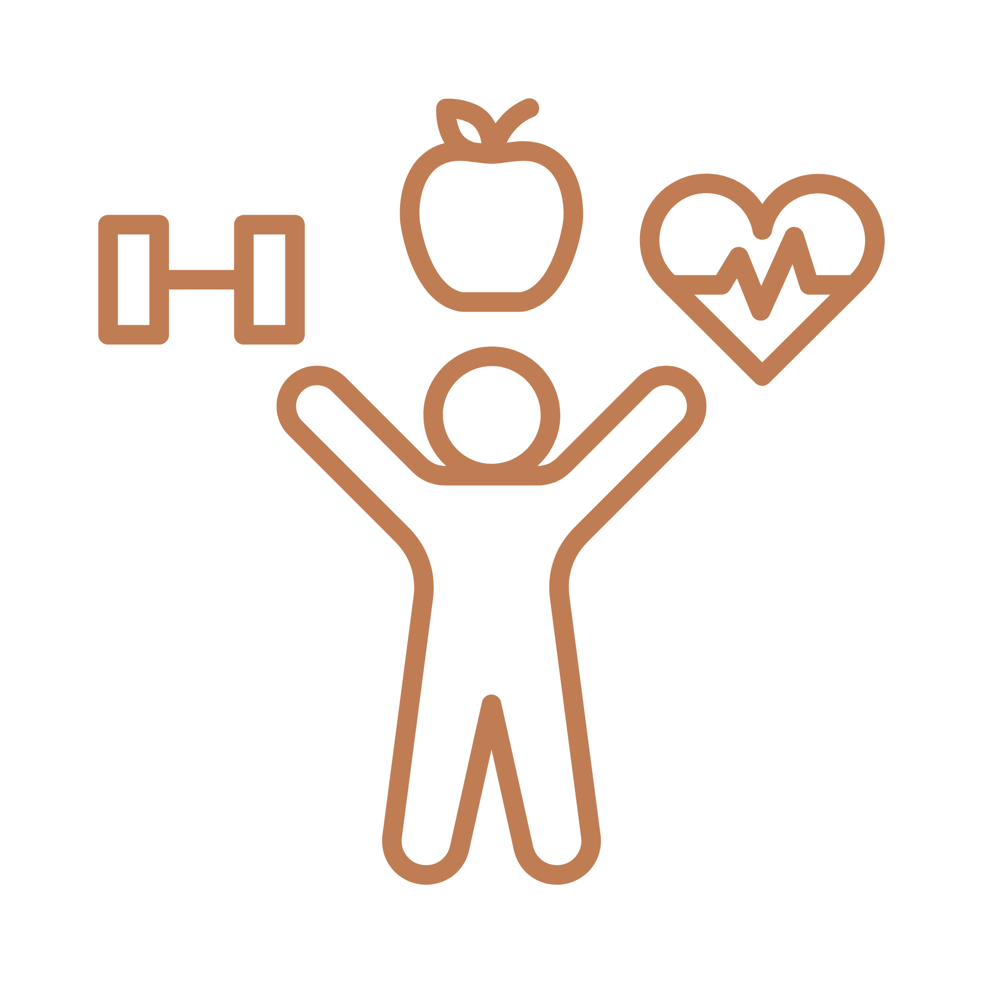 Illustration with the words "HEALTH IS WEALTH" in a bold brown font, with icons of a strawberry, a heart, a pill, a dumbbell, and a stethoscope surrounding the message.