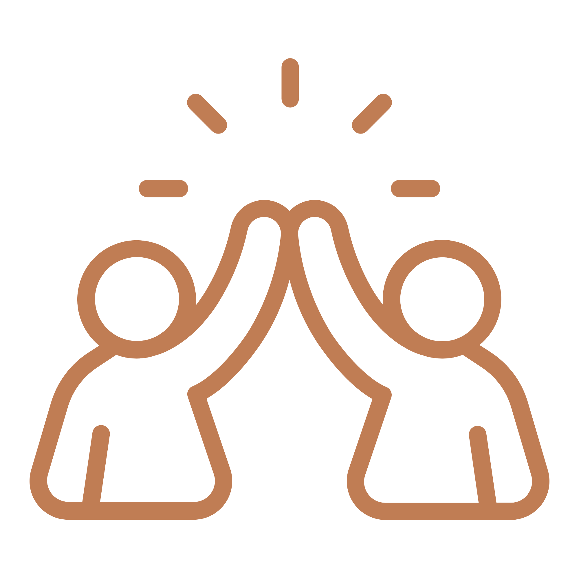 Line drawing of a smiling face with hands on cheeks and short hair, in a minimalist and stylized design, brown lines on black background.
