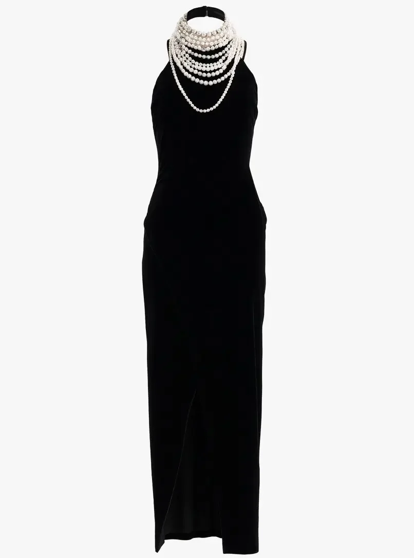 HOLLY GOLIGHTLY: Balmain Pearl Embellished Black Gown. Size US 4.