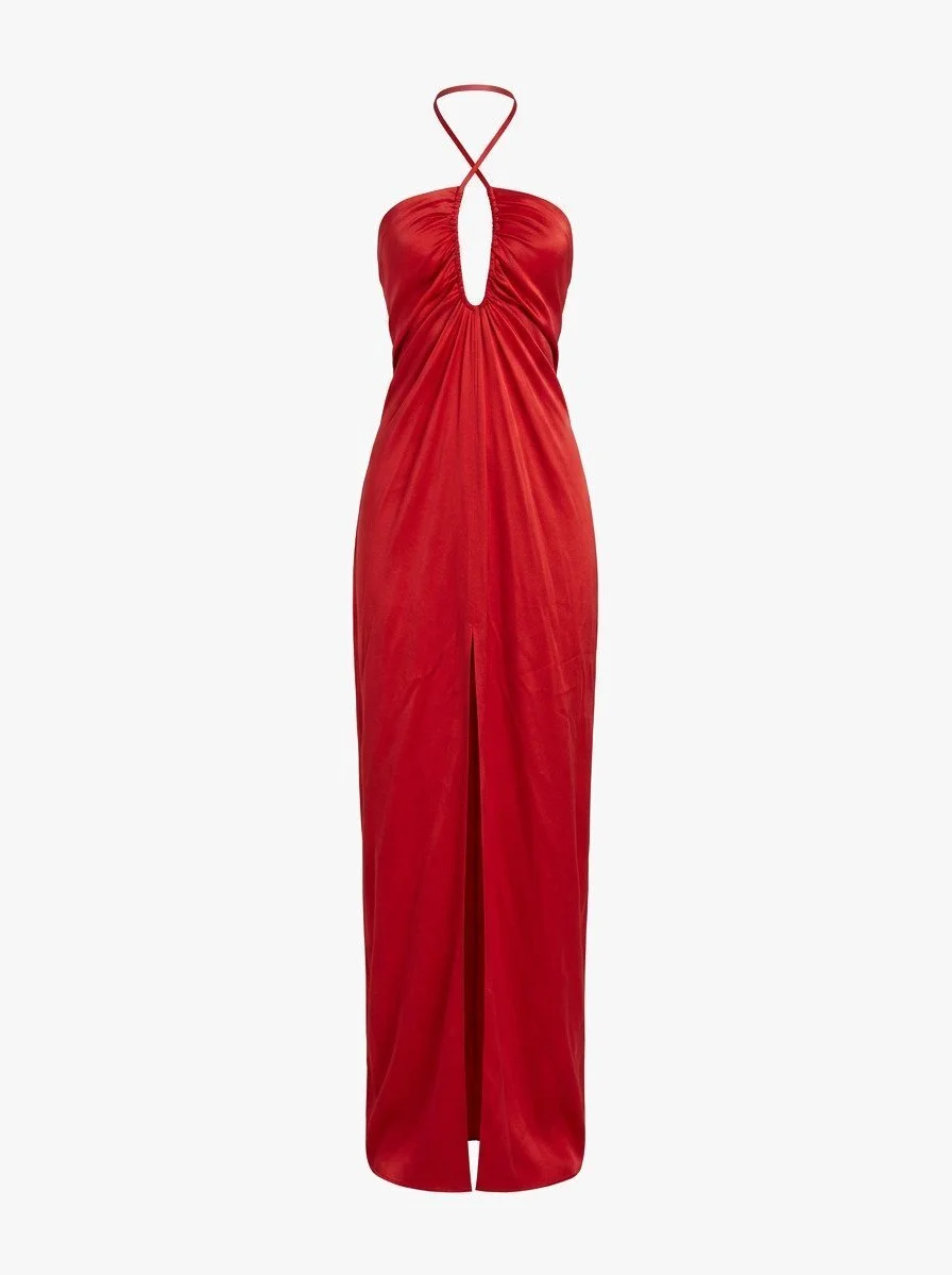 Reem Acra Red Silk Halter Gown. US Size 0.
