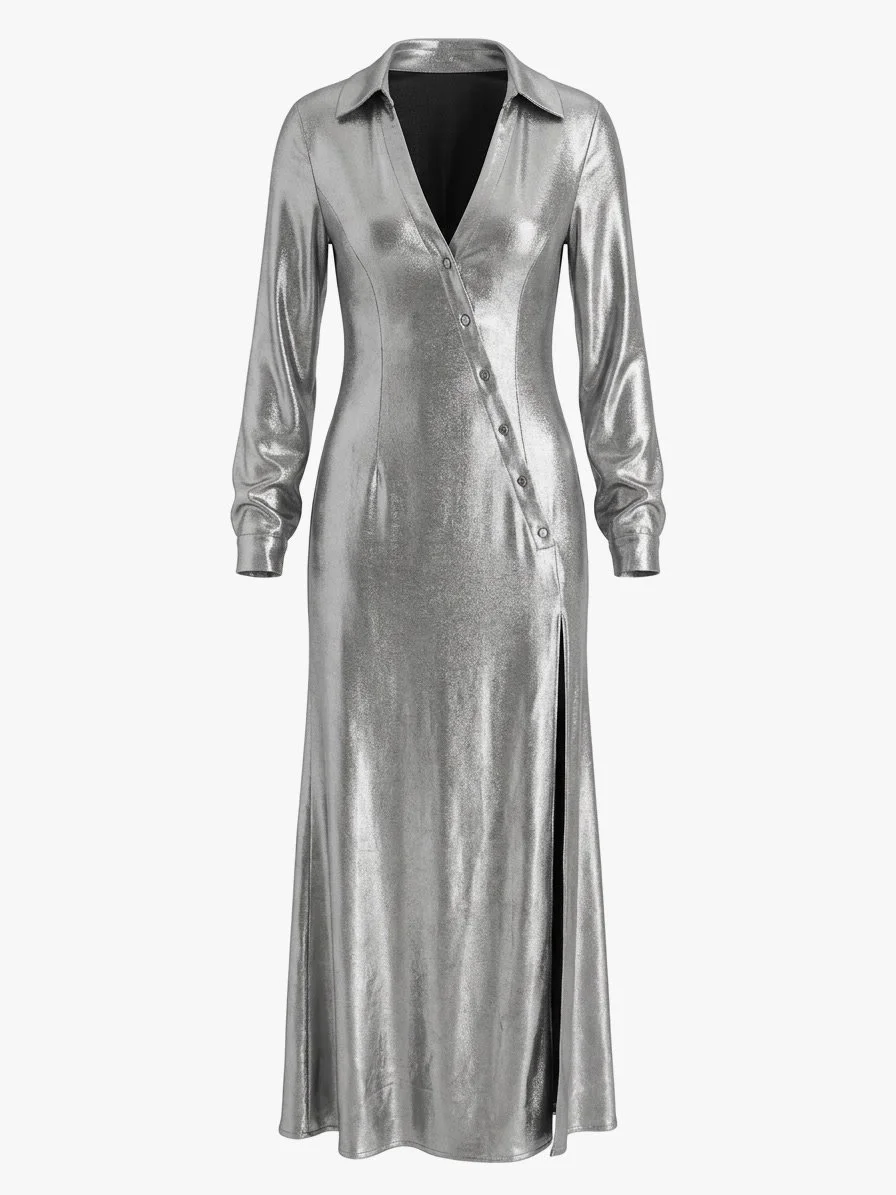 Cushnie Et Ochs Fall 2018 runway look 32. Silver lame collared, off-shoulder maxi-dress.